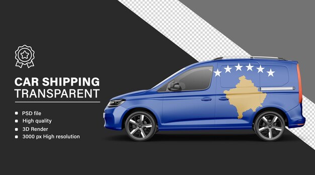 Envío de automóviles en 3D con la bandera de Kosovo aislada sobre un fondo transparente