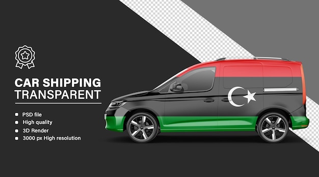 Envío de automóviles en 3D con bandera de Libia aislada en un fondo transparente
