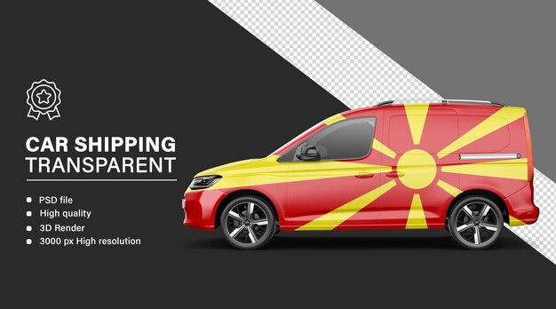 Envío de automóviles en 3D con la bandera de Macedonia del Norte aislada sobre un fondo transparente