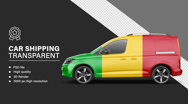 Envío de automóviles en 3D con la bandera de Mali aislada en un fondo transparente