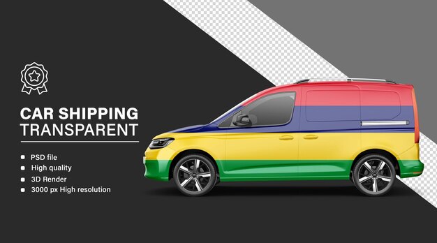 Envío de automóviles en 3D con la bandera de Mauricio aislada en un fondo transparente