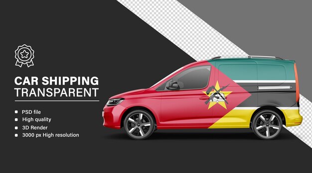 Envío de automóviles en 3D con bandera de Mozambique aislada en un fondo transparente