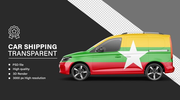 Envío de automóviles en 3D con la bandera de Myanmar aislada en un fondo transparente