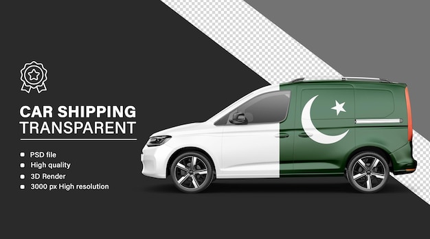 Envío de automóviles en 3D con la bandera de Pakistán aislada en un fondo transparente