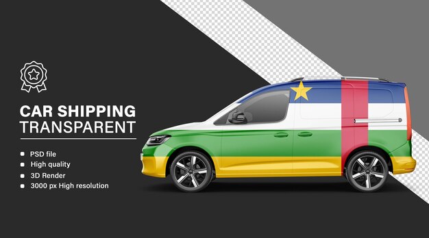Envío de automóviles en 3D con la bandera de la República Centroafricana aislada en un fondo transparente