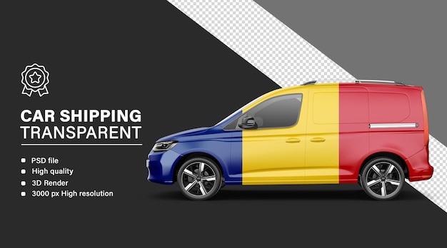 Envío de automóviles en 3D con la bandera de Rumania aislada sobre un fondo transparente