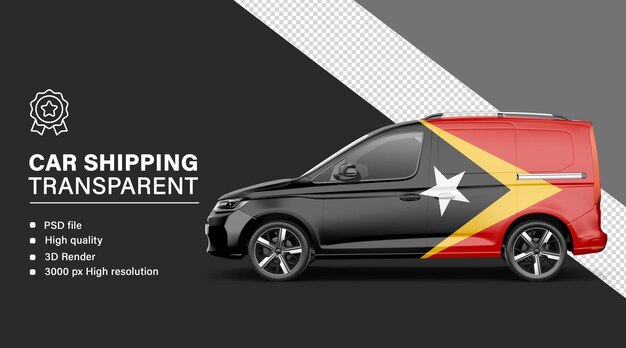 Envío de automóviles en 3D con la bandera de Timor Oriental aislada en un fondo transparente