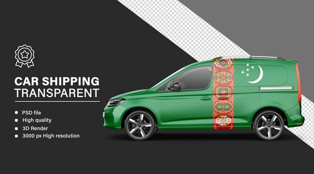 Envío de automóviles en 3D con bandera de Turkmenistán aislada sobre un fondo transparente