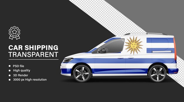Envío de automóviles en 3D con la bandera de Uruguay aislada en un fondo transparente