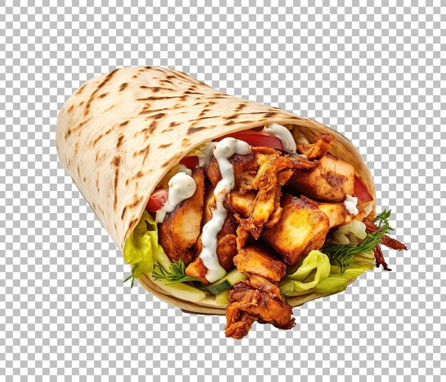 PSD envoltura de shawarma de pollo con lechuga, tomate, lechuga y salsa sobre fondo blanco