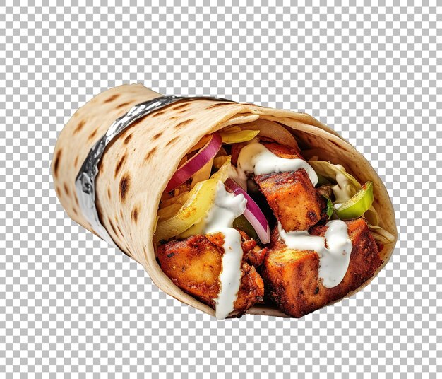 PSD envoltura de shawarma de pollo con lechuga, tomate, lechuga y salsa sobre fondo blanco