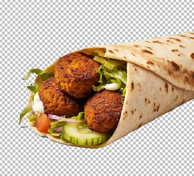 Envoltura de tortilla de tortilla con cebolla, lechuga de tomate y salsa en falafel shawarma sobre fondo blanco