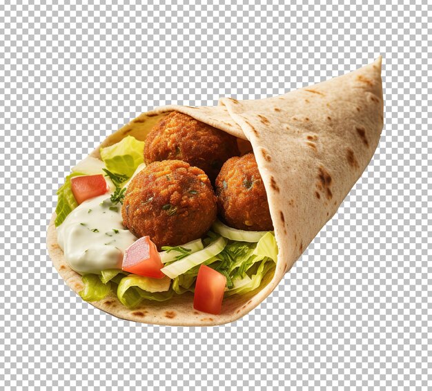 Envoltura de tortilla de tortilla con cebolla, lechuga de tomate y salsa en falafel shawarma sobre fondo blanco