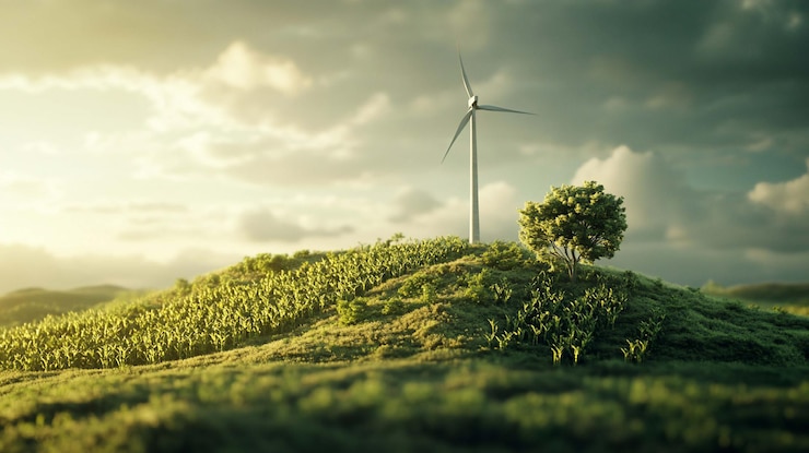PSD une éolienne sur une colline verte au coucher du soleil
