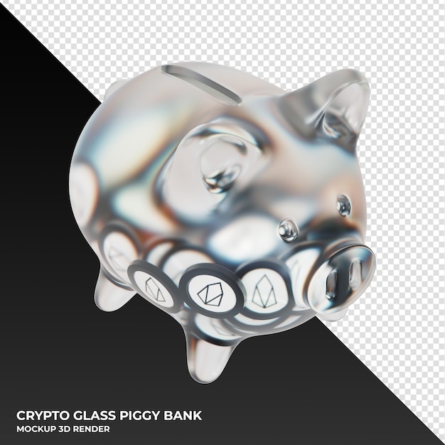 EOS EOS Sparschwein aus Glas mit Kryptomünzen 3D-Darstellung