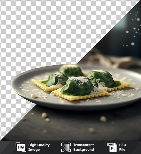 PSD des épinards savoureux et des raviolis à la ricotta servis sur une assiette blanche accompagnés d'un brocoli vert sur une table noire et grise