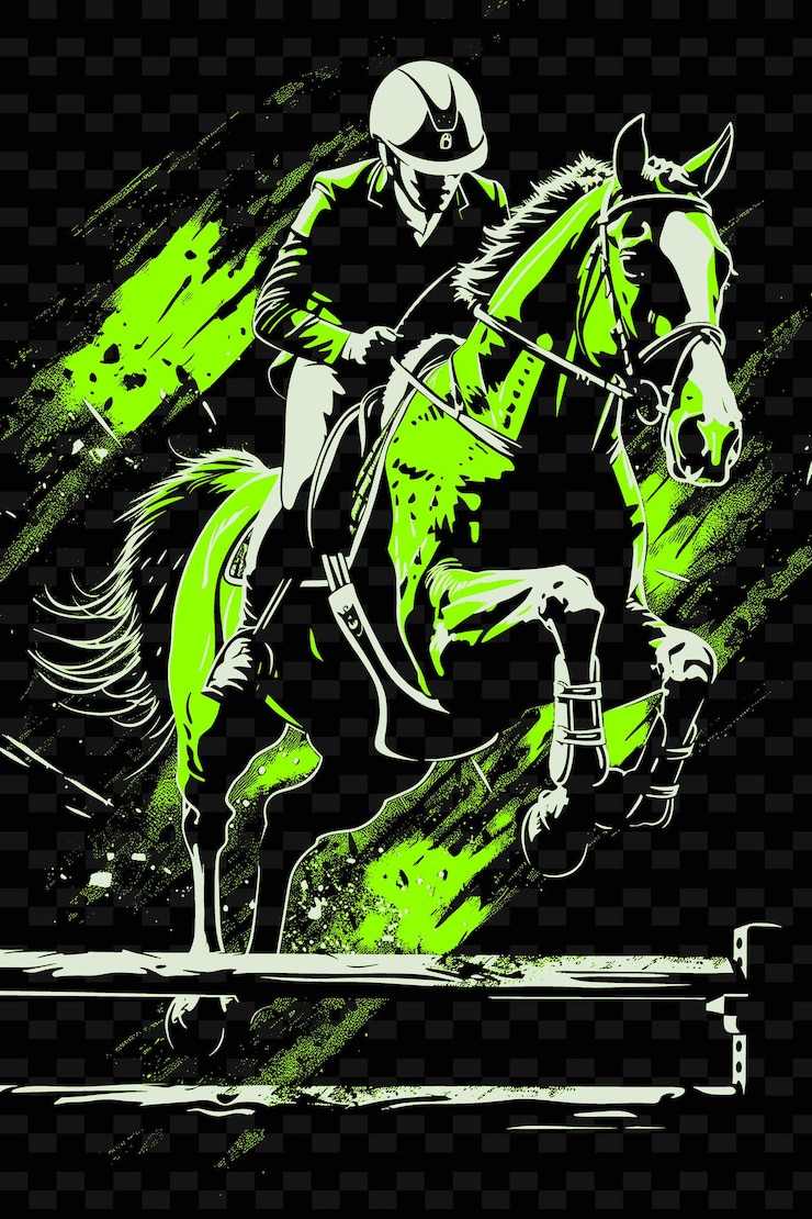 PSD equestre saltando sobre um obstáculo com graça com uma ilustração composta plano 2d sport background