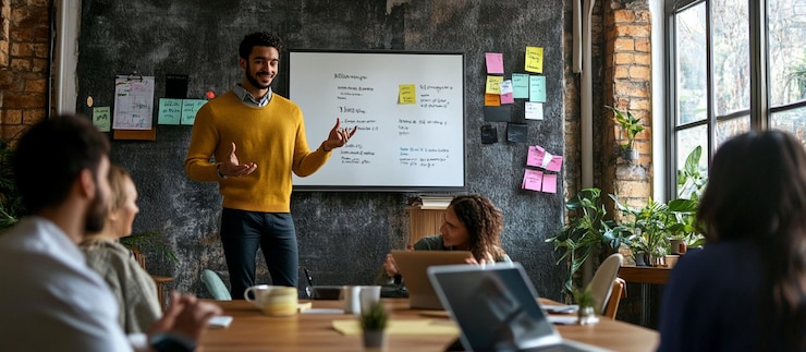 PSD equipa de negócios diversificada a fazer brainstorming num escritório moderno