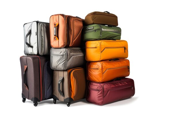 PSD equipaje en un fondo blanco aislado muchas maletas bolsas y mochilas equipaje de viaje vacaciones y concepto de viaje