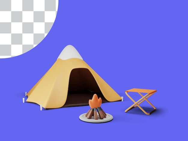 PSD equipamento de acampamento 3d com cadeira de barraca e ilustração de fogueira