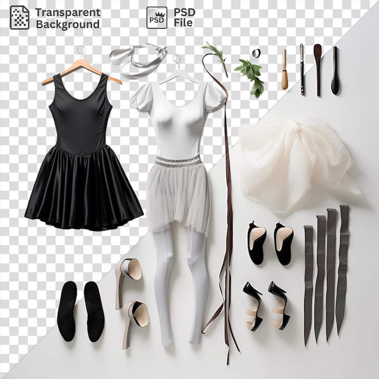 PSD equipamento de ballet profissional e conjunto de trajes exibido em uma parede branca com um vestido preto saia branca e sapatos pretos com um gancho de madeira e marrom no fundo