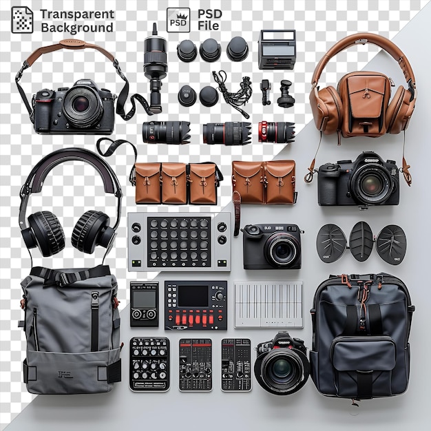 PSD equipamento de fotografia de concerto profissional em um fundo transparente com fones de ouvido pretos uma câmera preta e uma bolsa preta e cinza
