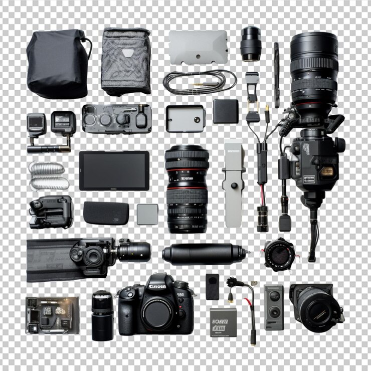 PSD equipamento de fotógrafo em fundo branco vista superior plana em fundo branco