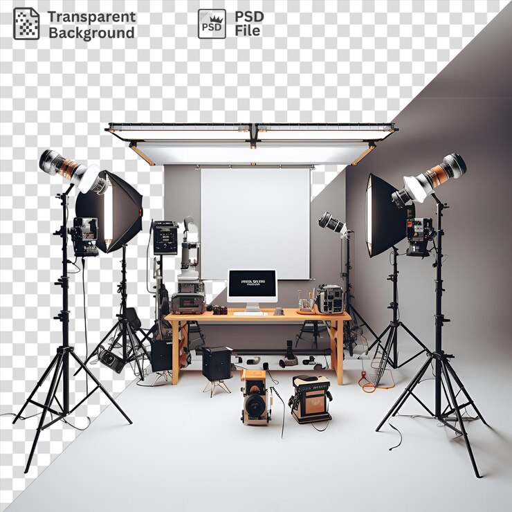 PSD equipamento de gravação de voz profissional instalado em um chão branco com um tripé preto e duas câmeras uma prata e preta e a outra preta contra uma parede branca e teto