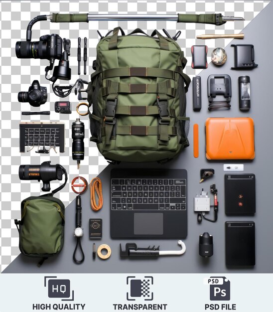 Equipamento de viagem profissional de blogueiro configurado com uma mochila verde teclado preto e câmera preta