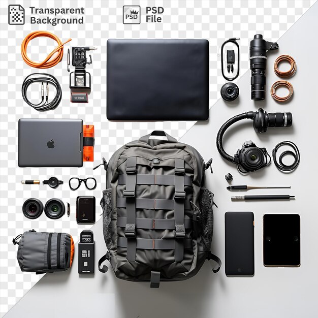 PSD equipamento profissional de blogueiro de viagens definido em um fundo transparente com uma câmera preta fones de ouvido pretos uma mochila cinza e um anel laranja