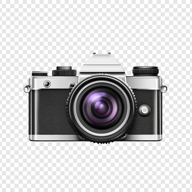 PSD equipamiento fotográfico de cuero negro con cuerpo plateado de cámara vintage