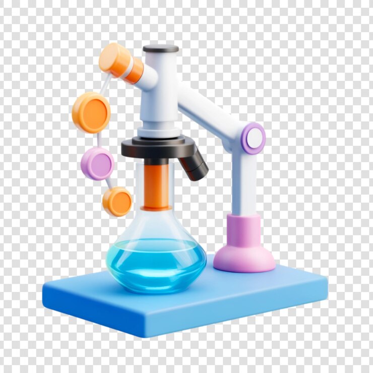 PSD equipamiento de laboratorio de ciencia de dibujos animados 3d colorido con microscopio y vaso sobre un fondo transparente