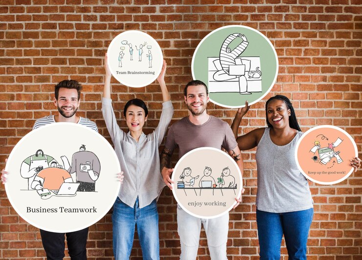 PSD équipe d'affaires tenant des panneaux mock-up psd