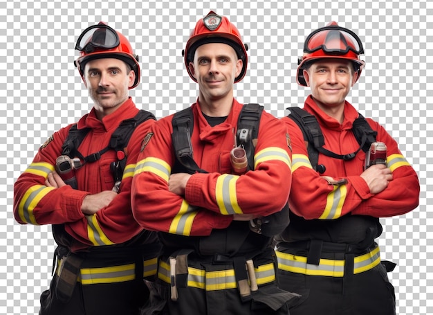 PSD equipe de bombeiros de 3 isolada em fundo transparente