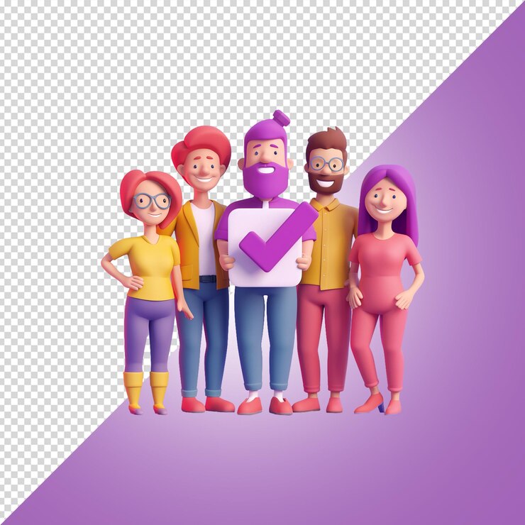 PSD équipe de groupe 3d avec vecteur d'icône de marque de contrôle isolé sur fond violet