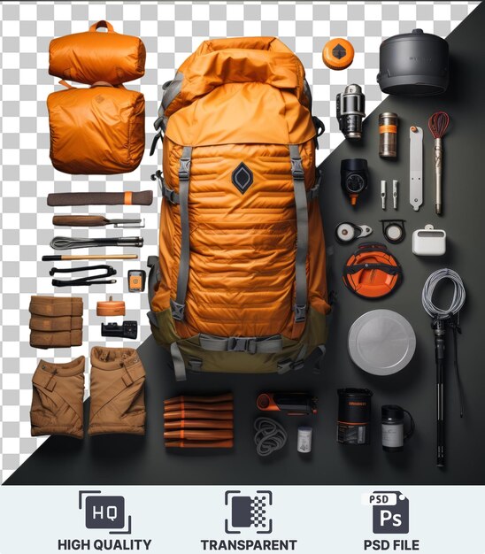 PSD un équipement de camping de luxe en plein air mis en place avec un sac à dos orange, une montre noire et argentée et un stylo argenté et noir sur une table noire et grise contre un mur gris