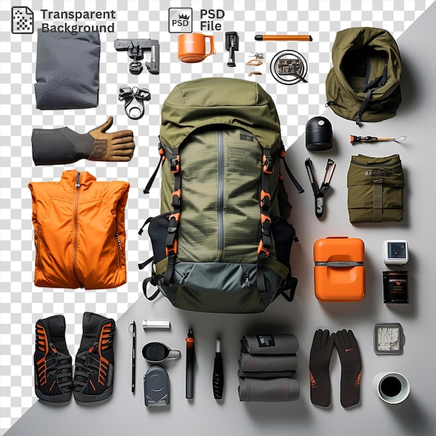 PSD Équipement de camping mis en place sur un fond transparent comprenant un sac orange gant gris et noir montre noire et caméra noire