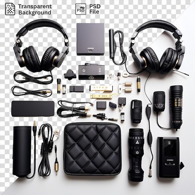 PSD Équipement d'enregistrement vocal professionnel installé sur un fond transparent avec des écouteurs noirs, un boîtier noir et une caméra argentée et grise