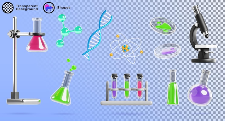 PSD équipement de laboratoire de science 3d vacuum de laboratoire microscopique avec verre liquide de couleur flasque de tube d'essai support de rack verre formule chimique de l'adn molécule de l'atome icône de rendu de dessin animé