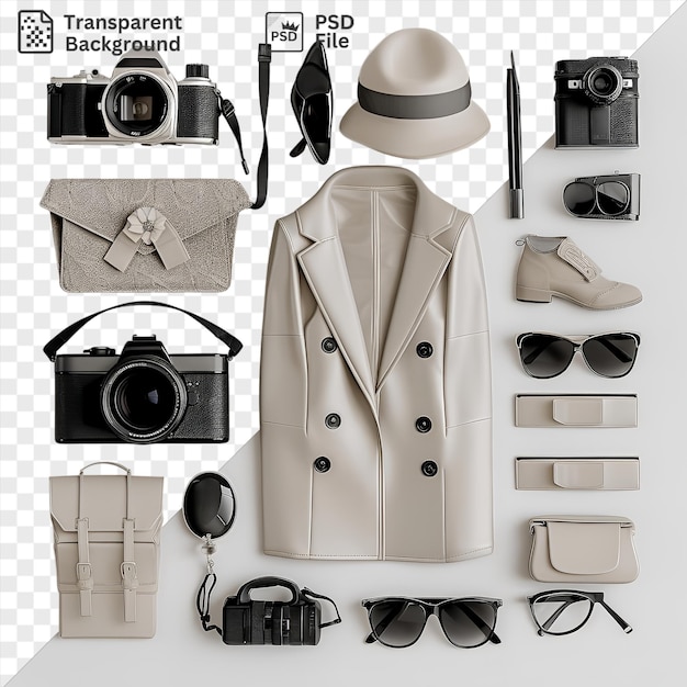 PSD Équipement de photographie haut de gamme sur un fond transparent avec une caméra noire argent et caméra noir lunettes noires manteau blanc et chaussures blanches