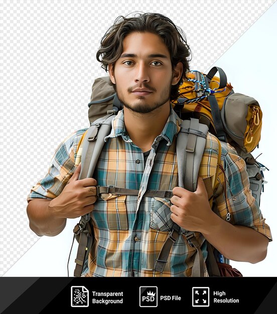 PSD Équipement de randonnée unique exposé un homme souriant avec des cheveux bruns et une chemise à carreaux tient un sac à dos avec une sangle grise tandis que son autre main repose sur sa hanche png