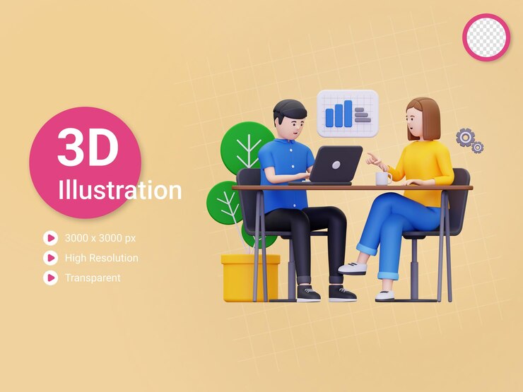 PSD equipo 3d trabajando en la ilustración de inicio de negocios