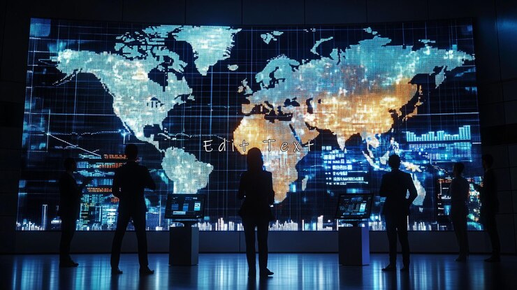 PSD el equipo de análisis de datos de la red global ve el mapa del mundo en una pantalla grande