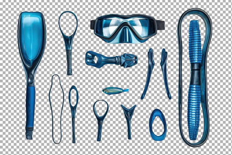 PSD equipo de buceo arreglado cuidadosamente mostrando equipos y accesorios de snorkel en varios tonos azules