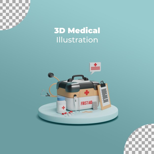 Equipo y caja de kit médico de renderizado 3d realista