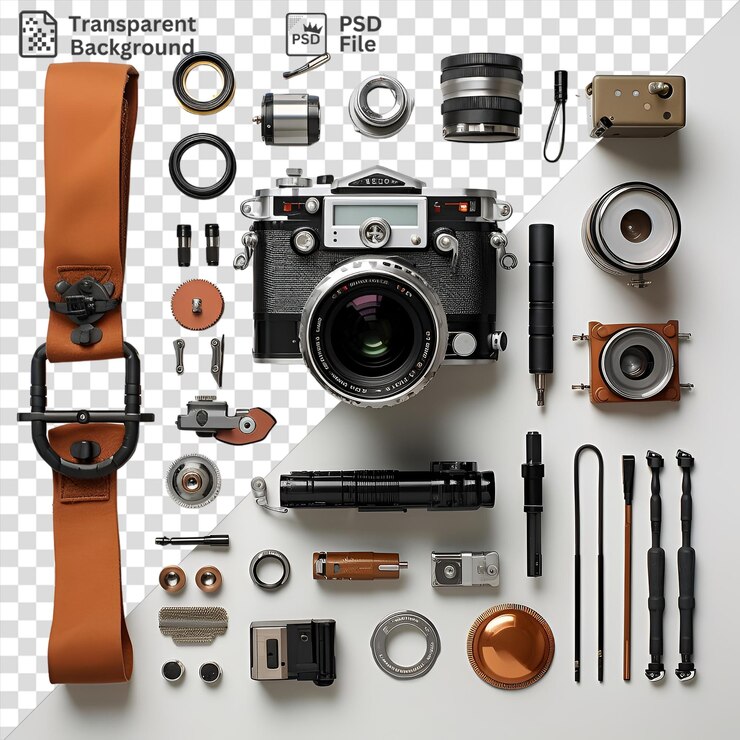 PSD equipo de cámara profesional aislado en un fondo transparente de un conjunto de equipos fotográficos