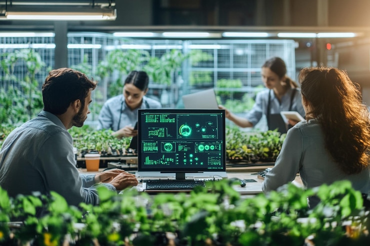 PSD equipo de científicos que monitorean el crecimiento de las plantas en una moderna granja cubierta usando una computadora