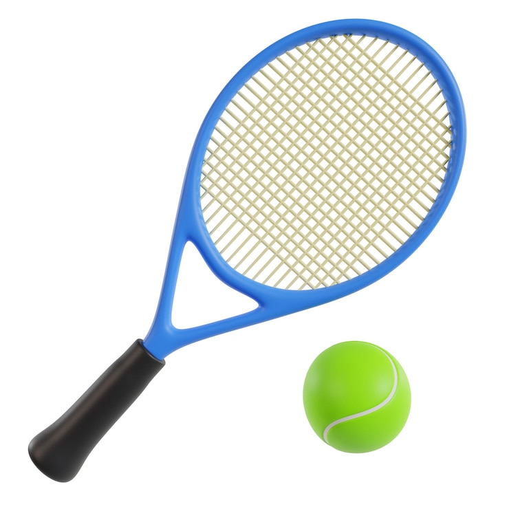 PSD equipo deportivo raqueta de tenis azul y pelota de tenis amarilla deportes con trayectoria de recorte