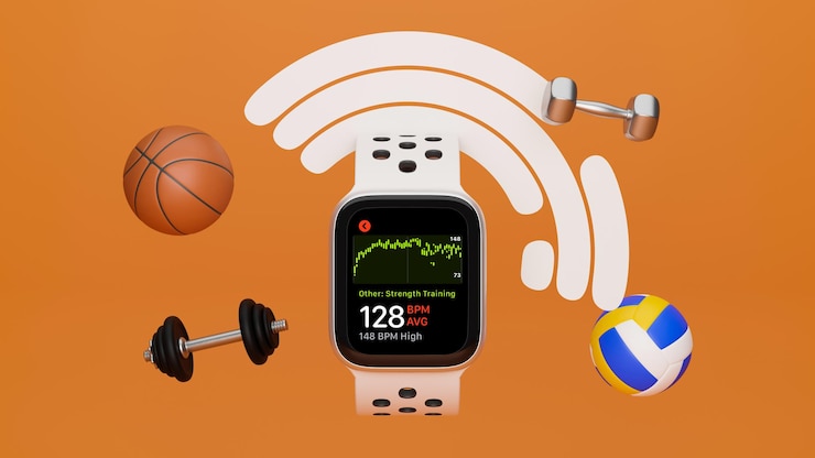 PSD equipo deportivo smartwatch maqueta mancuerna voleibol baloncesto barra en fondo naranja