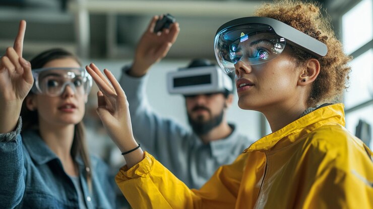 PSD un equipo diverso colabora utilizando la tecnología arvr innovando con dispositivos futuristas